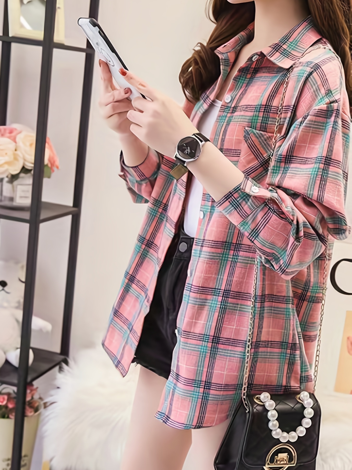 plaid pocket drop shoulder shirt button long sleeve shirt casual every day tops womens clothing details 12