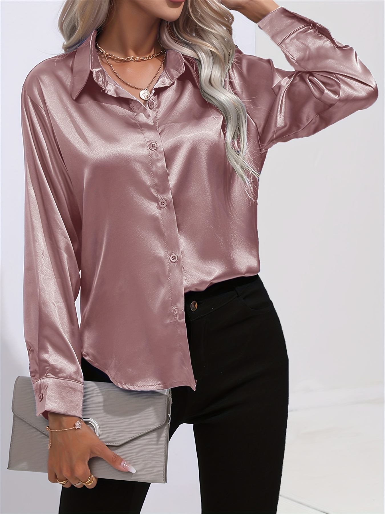 solid smoothly shirt, solid smoothly shirt elegant button front turn down collar long sleeve shirt womens clothing details 4