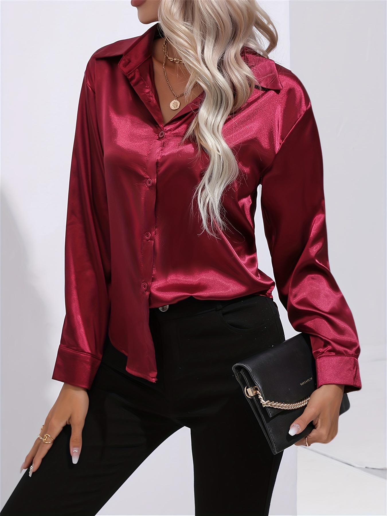 solid smoothly shirt, solid smoothly shirt elegant button front turn down collar long sleeve shirt womens clothing details 33