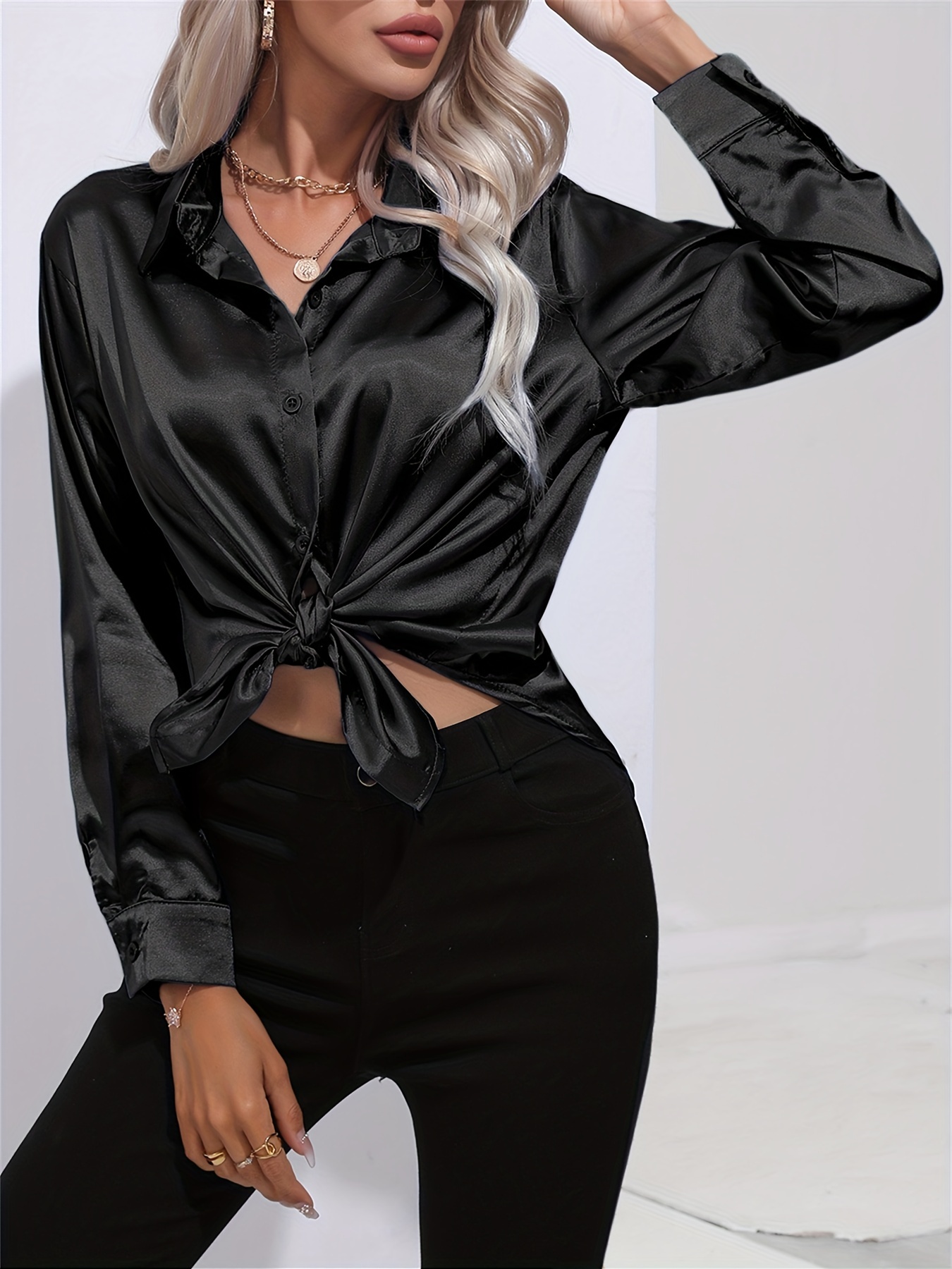 solid smoothly shirt, solid smoothly shirt elegant button front turn down collar long sleeve shirt womens clothing details 101