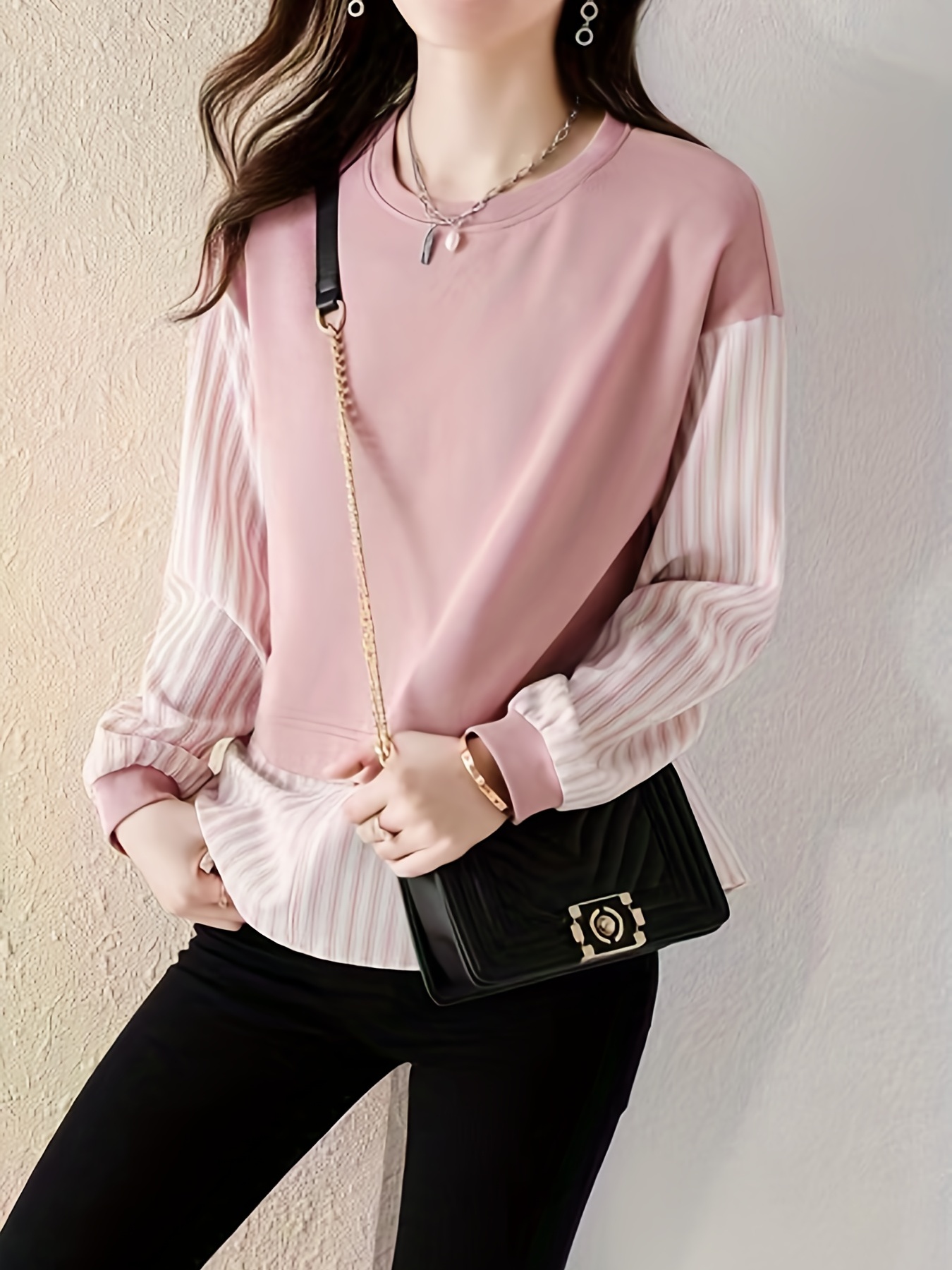 contrast striped crew neck blouse elegant long sleeve split side blouse for spring fall womens clothing details 4