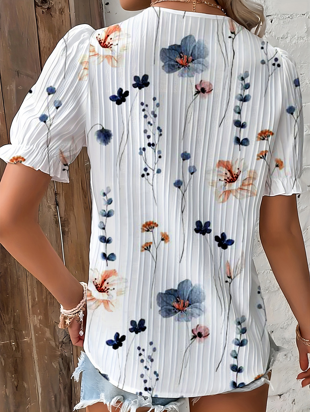 floral print v neck lace trim blouse boho puff sleeve blouse for summer womens clothing details 1