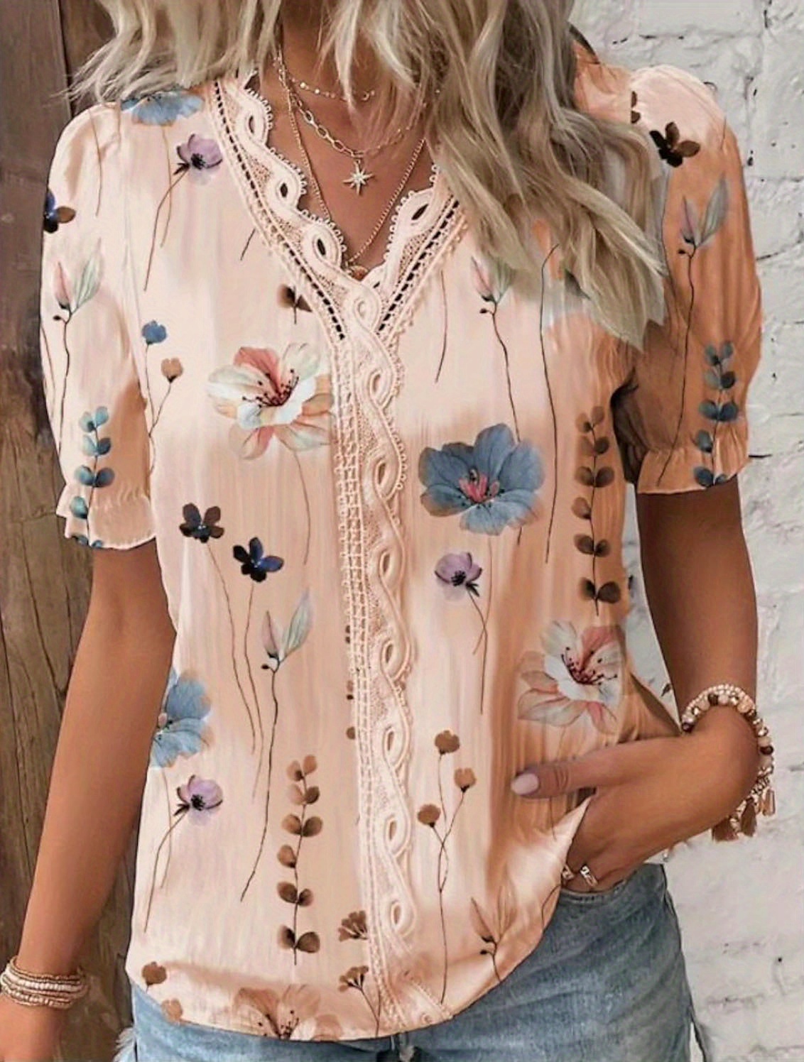 floral print v neck lace trim blouse boho puff sleeve blouse for summer womens clothing details 2