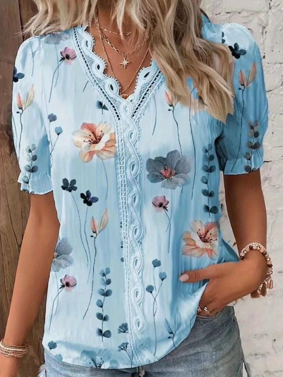 floral print v neck lace trim blouse boho puff sleeve blouse for summer womens clothing details 4