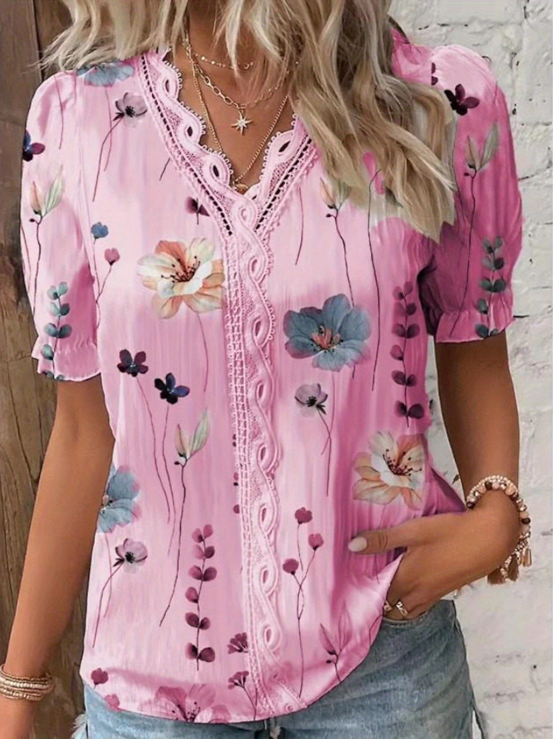 floral print v neck lace trim blouse boho puff sleeve blouse for summer womens clothing details 6