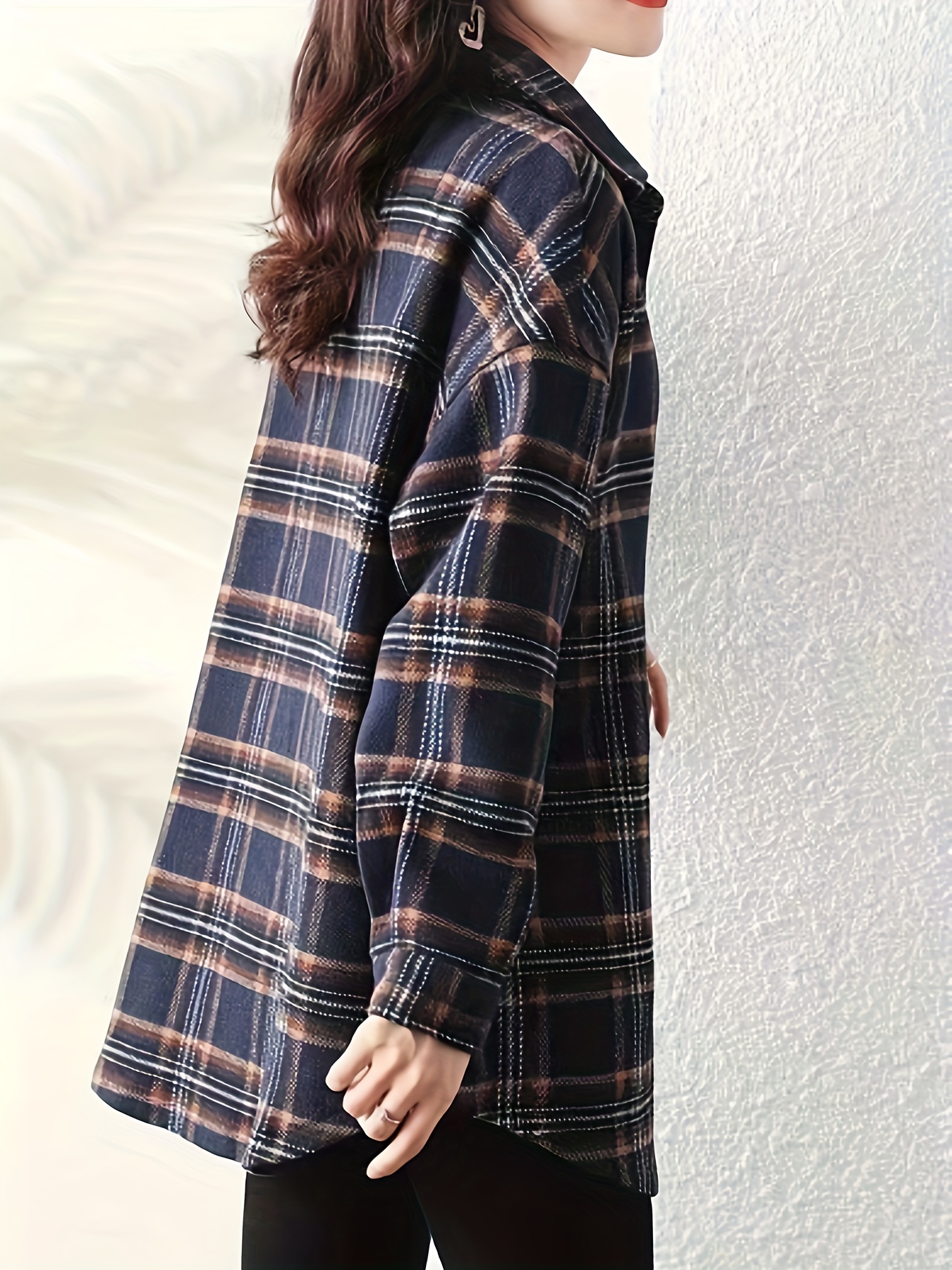 plaid print button front shirt, plaid print button front shirt elegant long sleeve lapel shirt womens clothing details 5