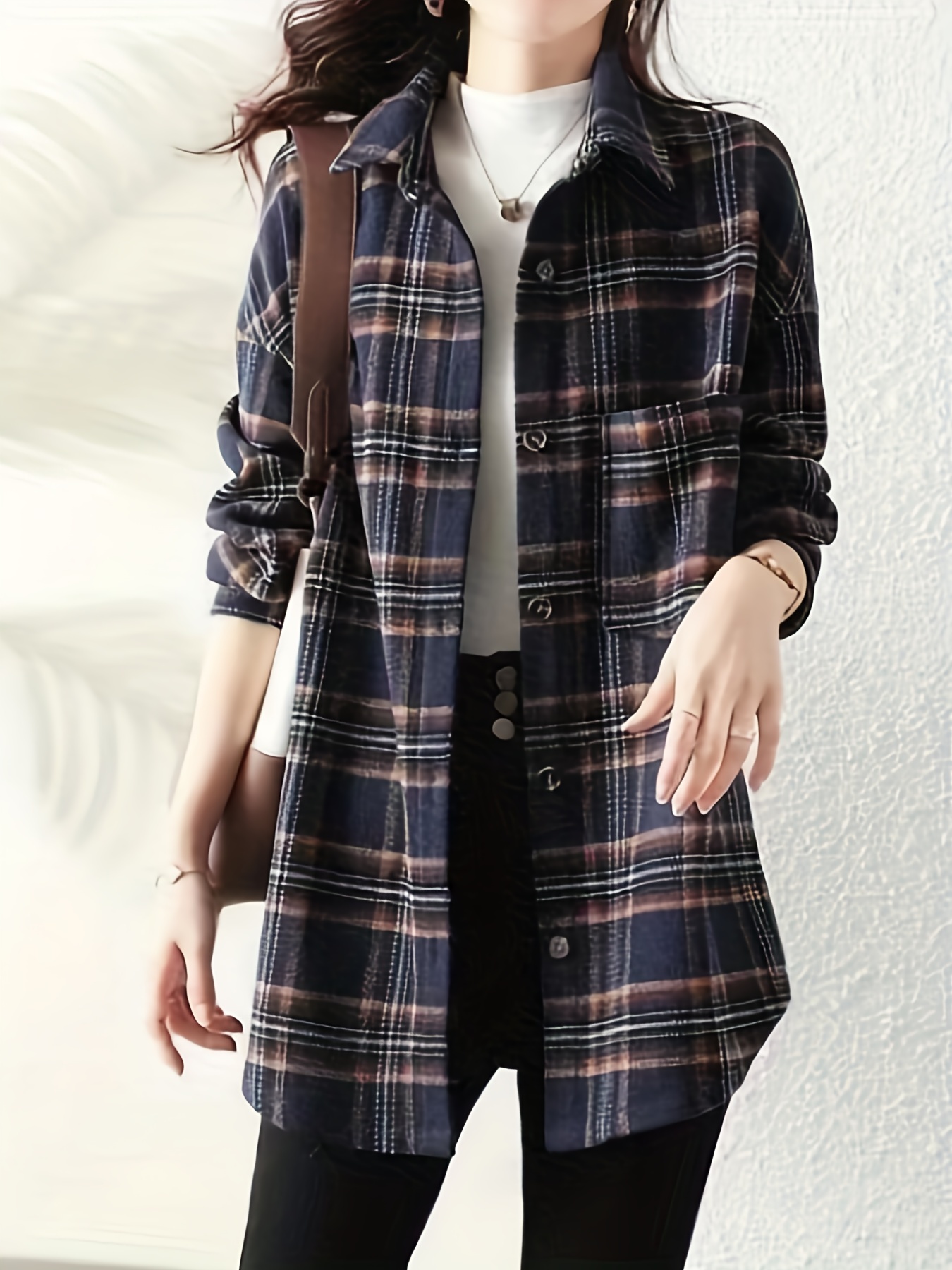 plaid print button front shirt, plaid print button front shirt elegant long sleeve lapel shirt womens clothing details 6