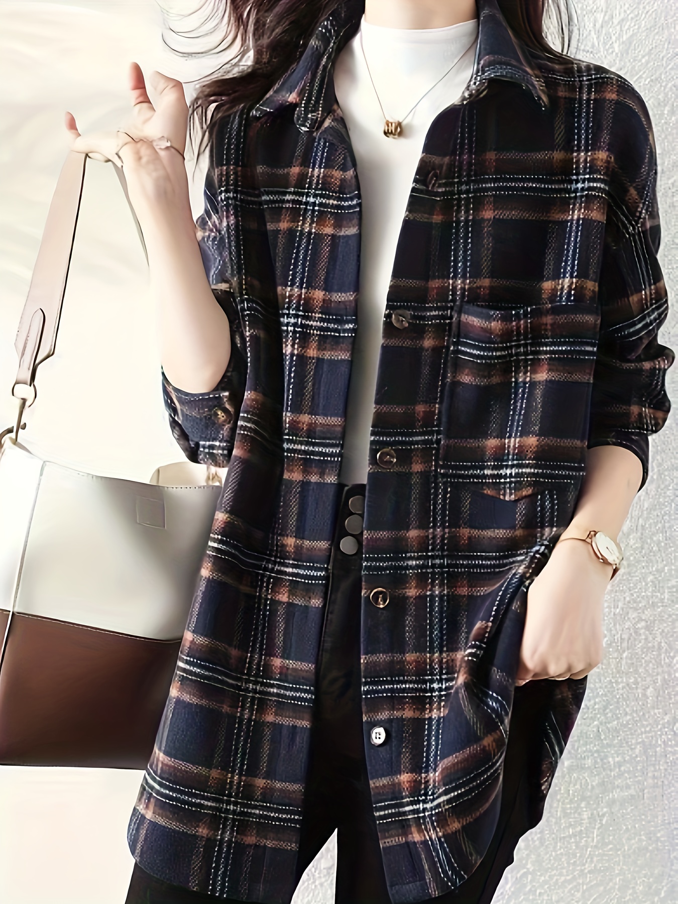 plaid print button front shirt, plaid print button front shirt elegant long sleeve lapel shirt womens clothing details 9