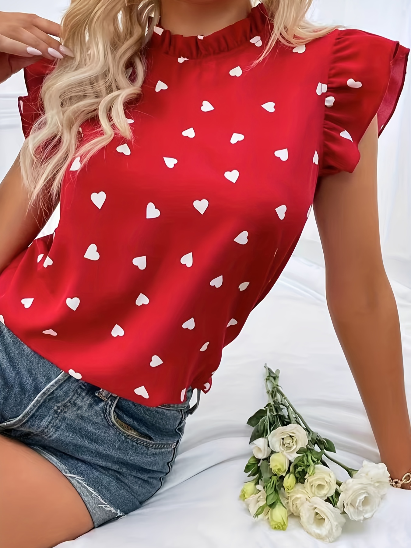 heart print ruffle trim blouse casual pleated crew neck blouse for spring summer womens clothing details 8