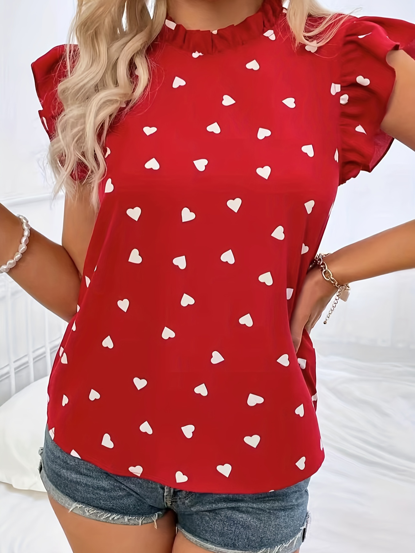 heart print ruffle trim blouse casual pleated crew neck blouse for spring summer womens clothing details 9