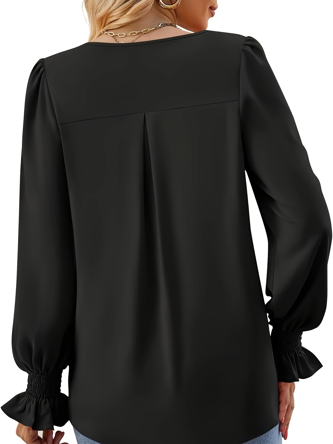 solid v neck simple blouse elegant long sleeve ruched blouse womens clothing details 9