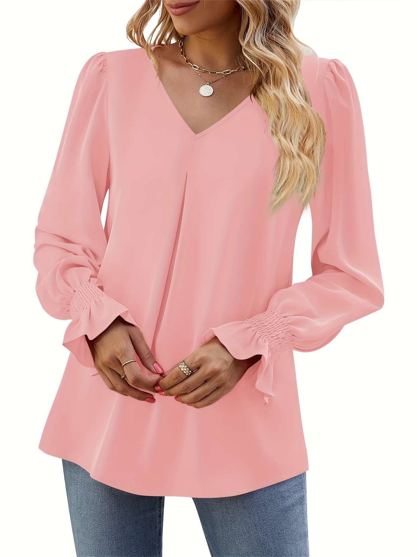 solid v neck simple blouse elegant long sleeve ruched blouse womens clothing details 24