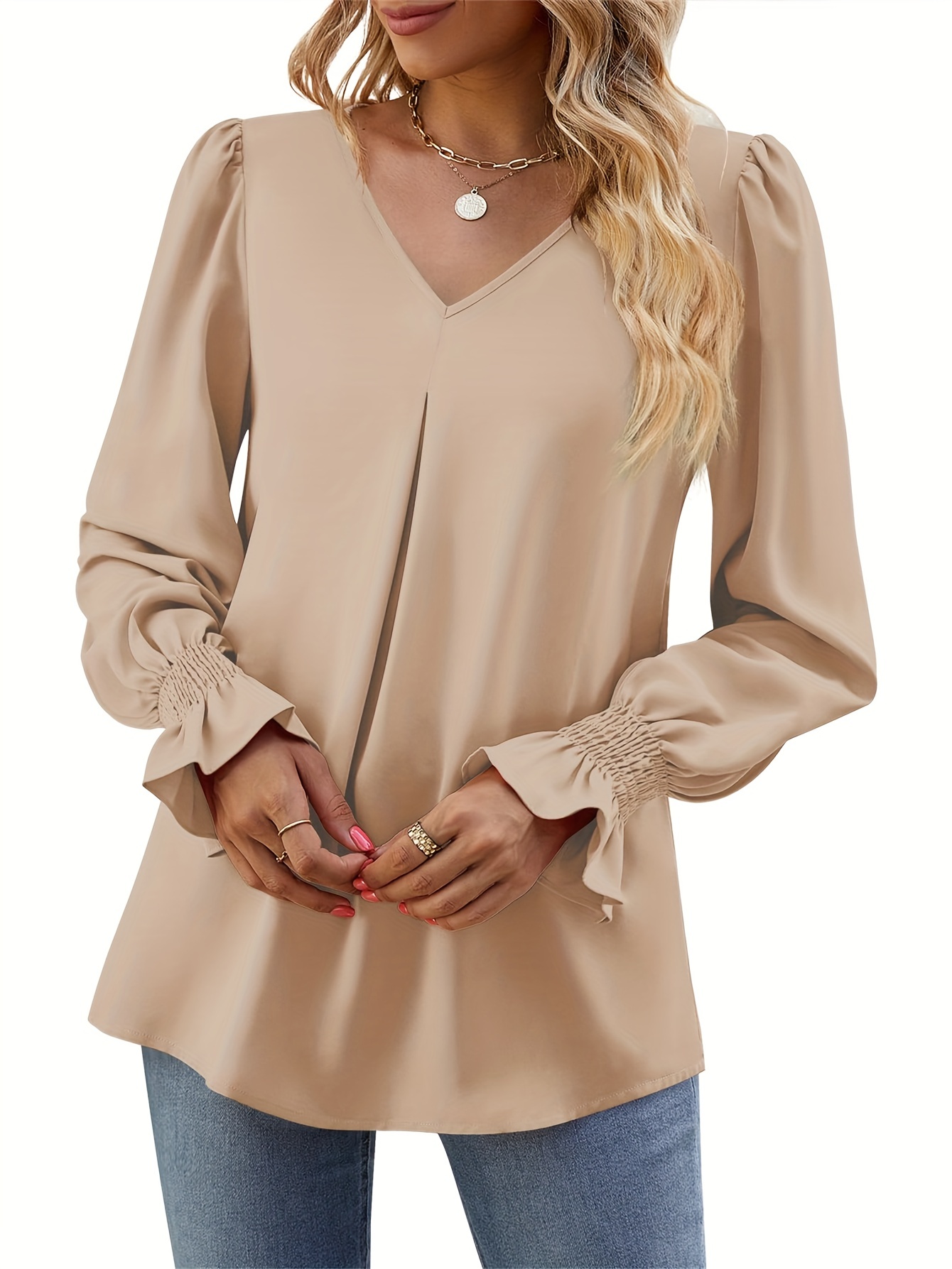 solid v neck simple blouse elegant long sleeve ruched blouse womens clothing details 29