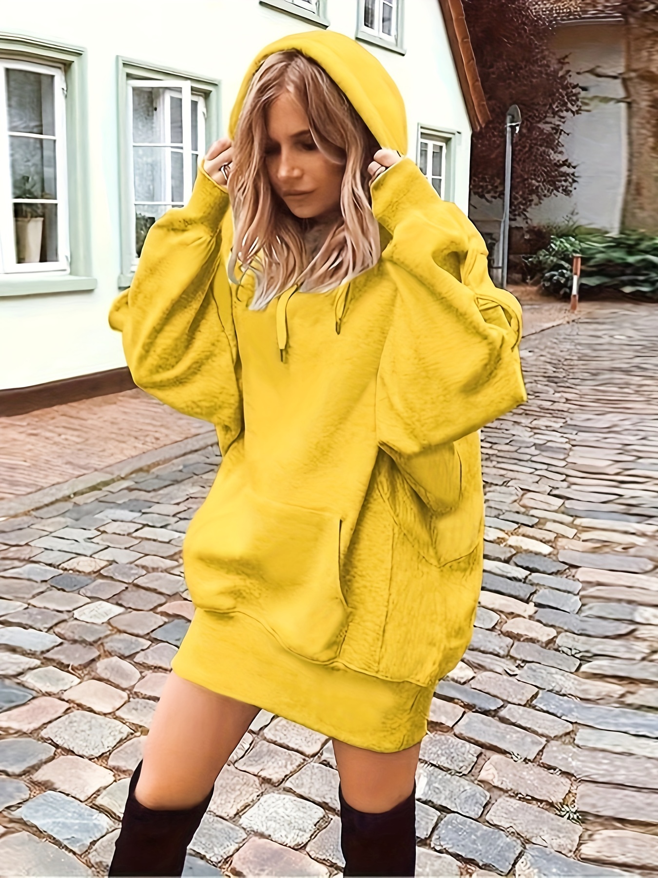 solid color kangaroo pocket hoodie casual long sleeve thigh length drawstring hoodie sweatshirt womens clothing details 5