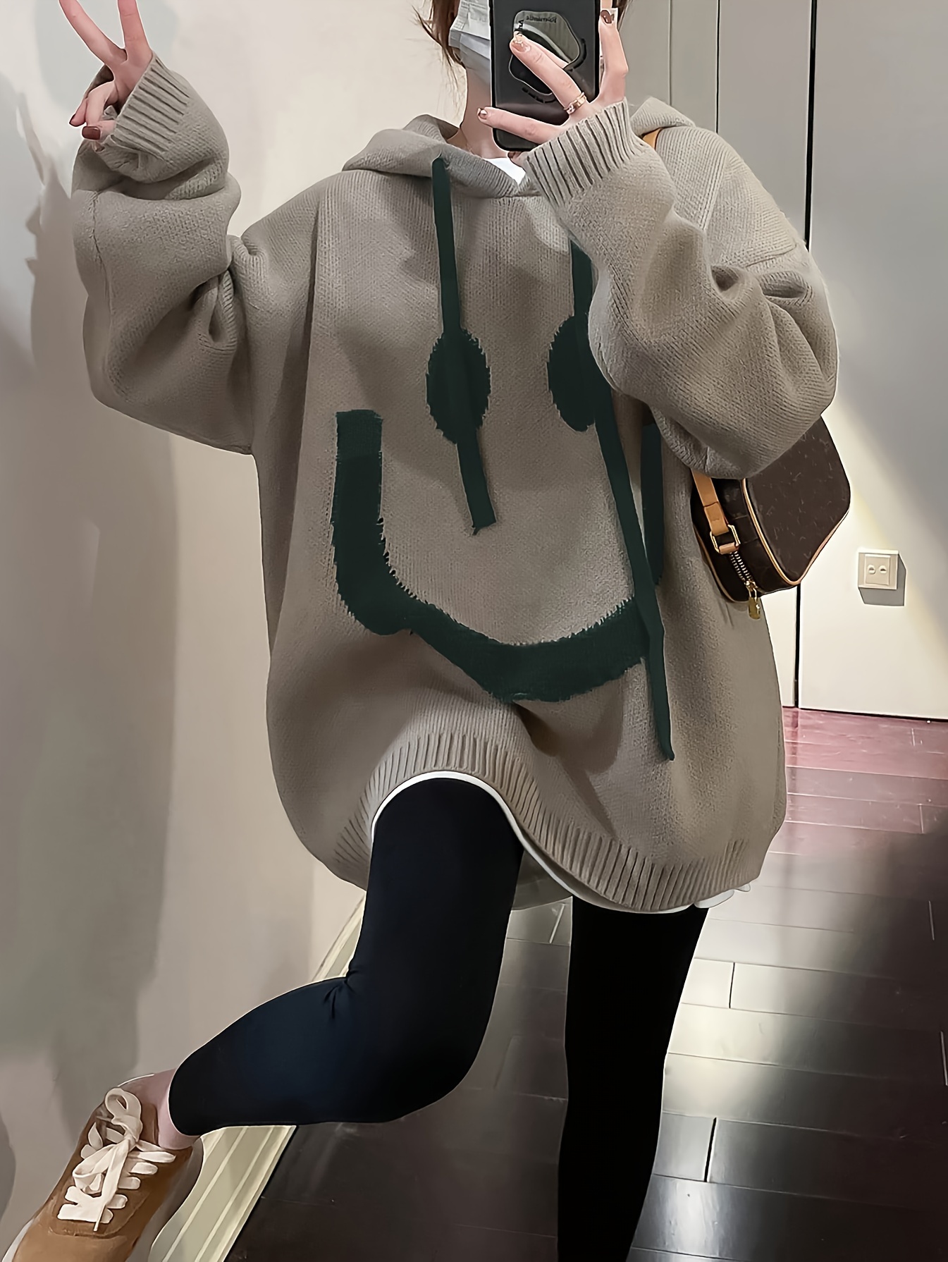 smile face print drawstring hoodie casual long sleeve drop shoulder top womens clothing details 0