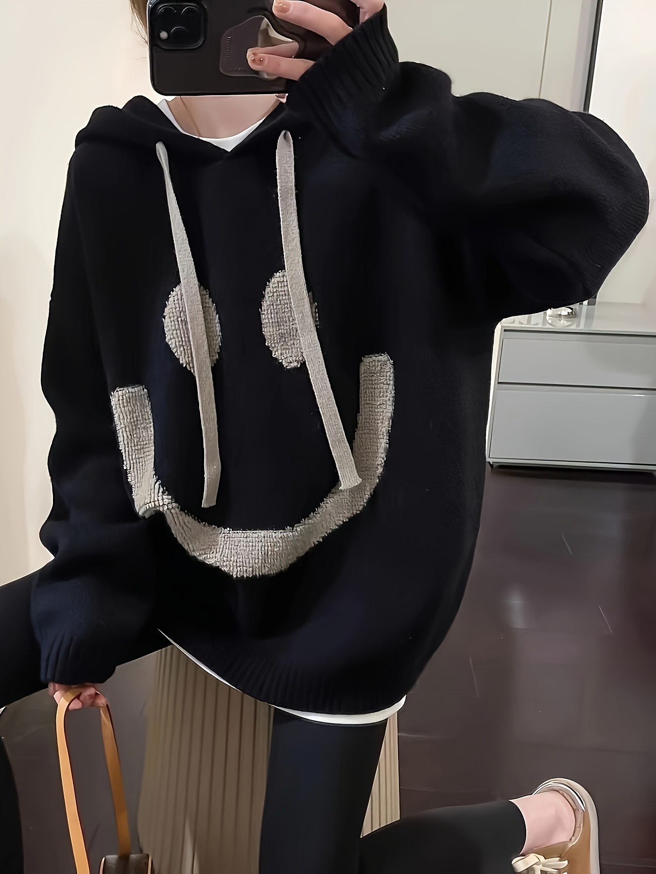 smile face print drawstring hoodie casual long sleeve drop shoulder top womens clothing details 7