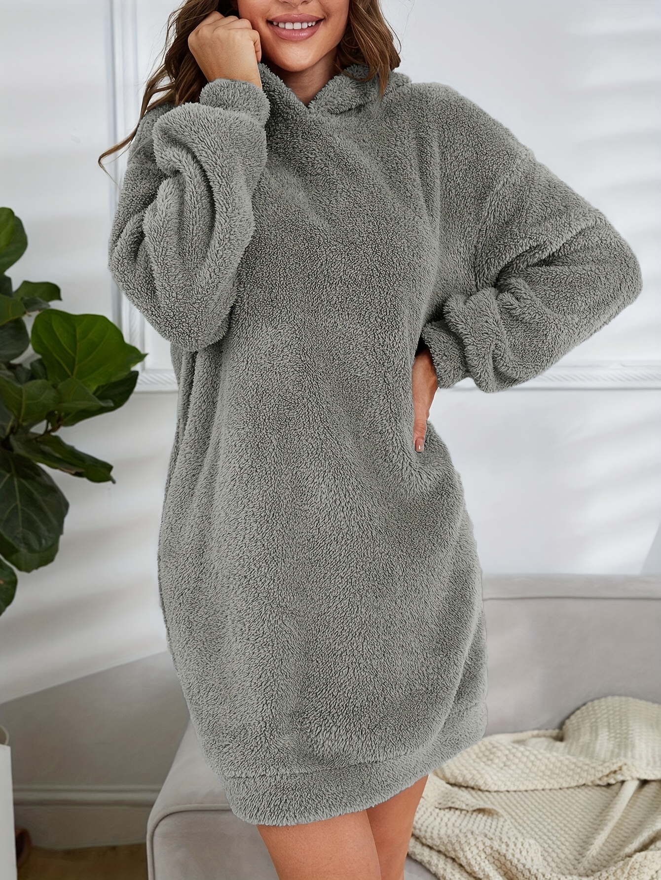 hooded teddy dress, hooded teddy dress casual long sleeve simple warm dress womens clothing details 8