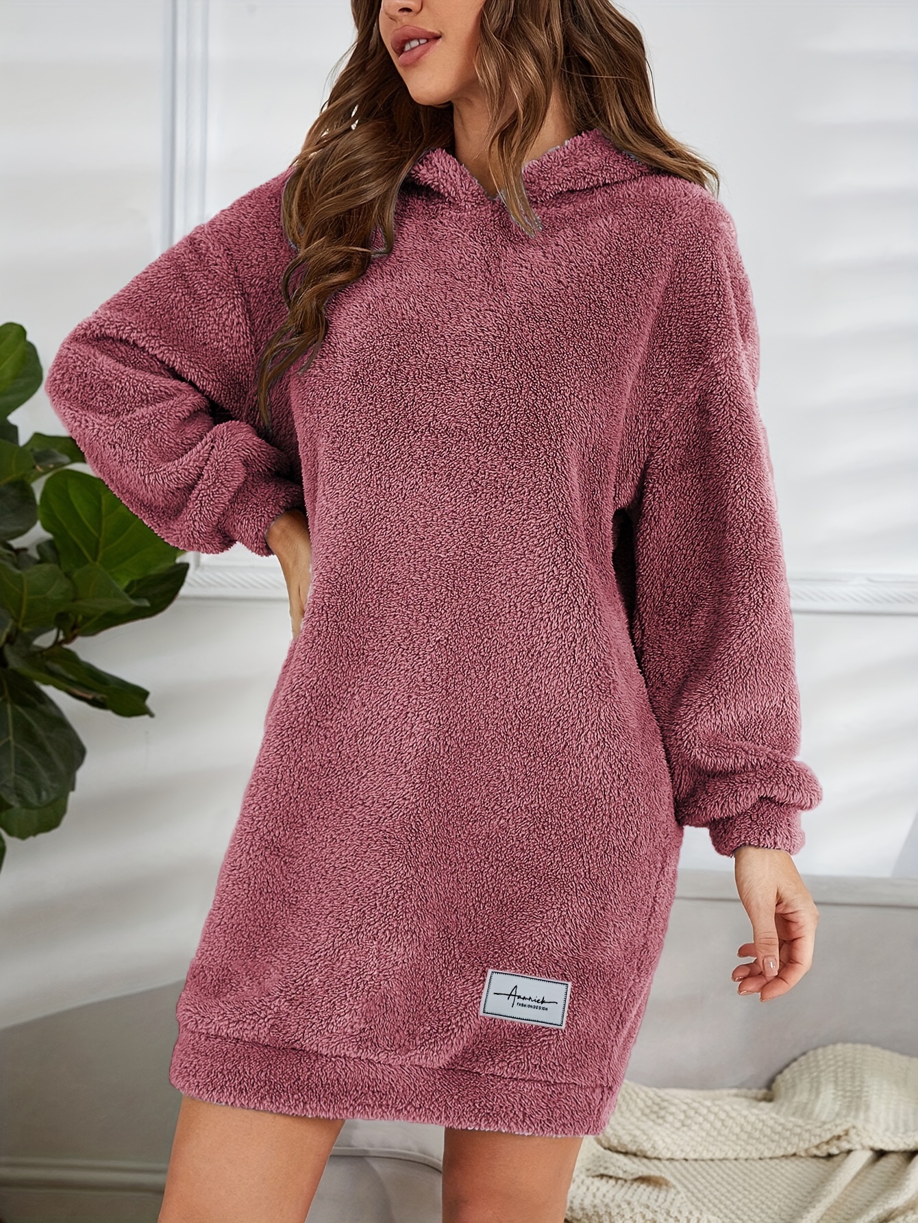 hooded teddy dress, hooded teddy dress casual long sleeve simple warm dress womens clothing details 17