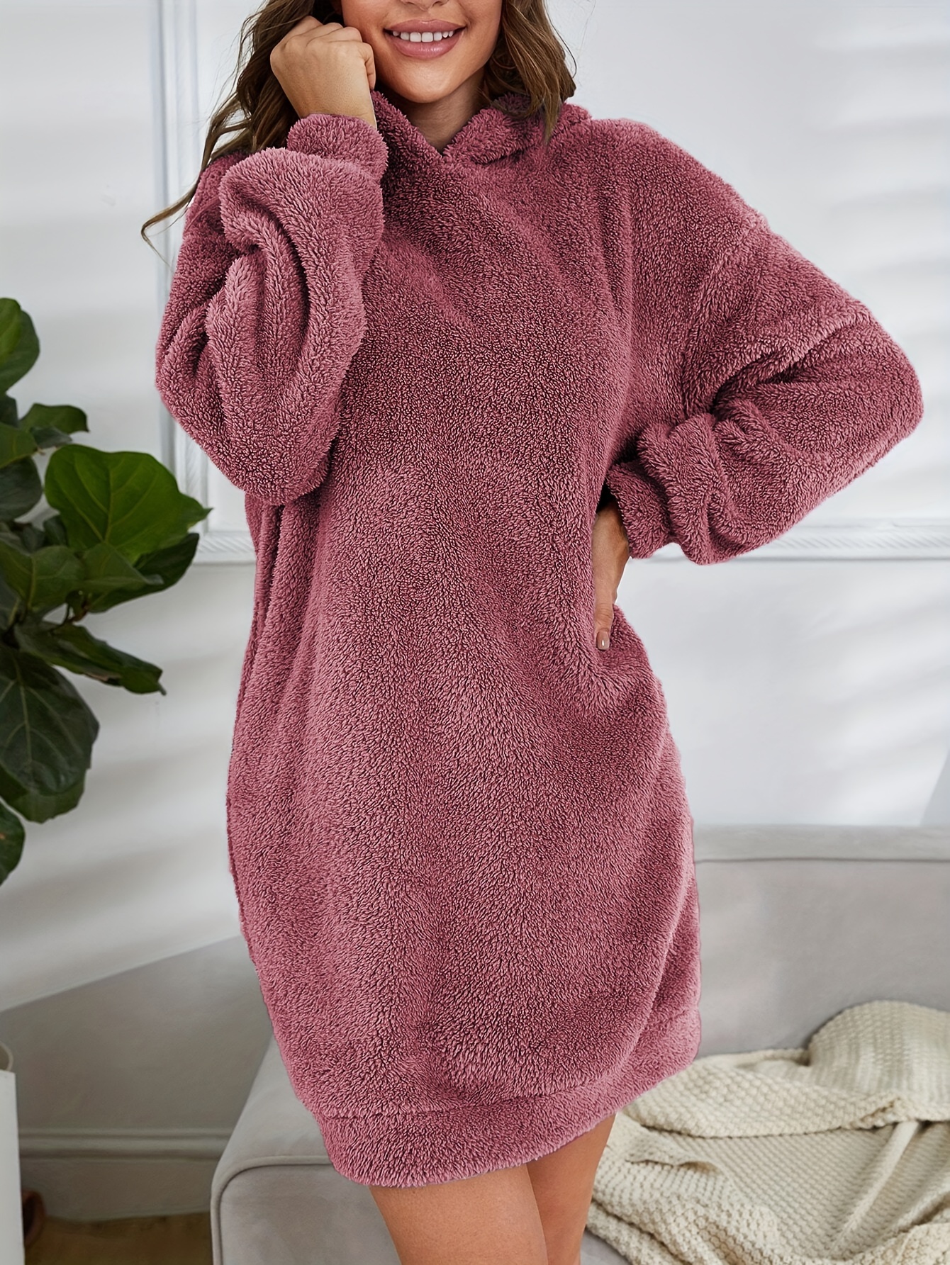 hooded teddy dress, hooded teddy dress casual long sleeve simple warm dress womens clothing details 18