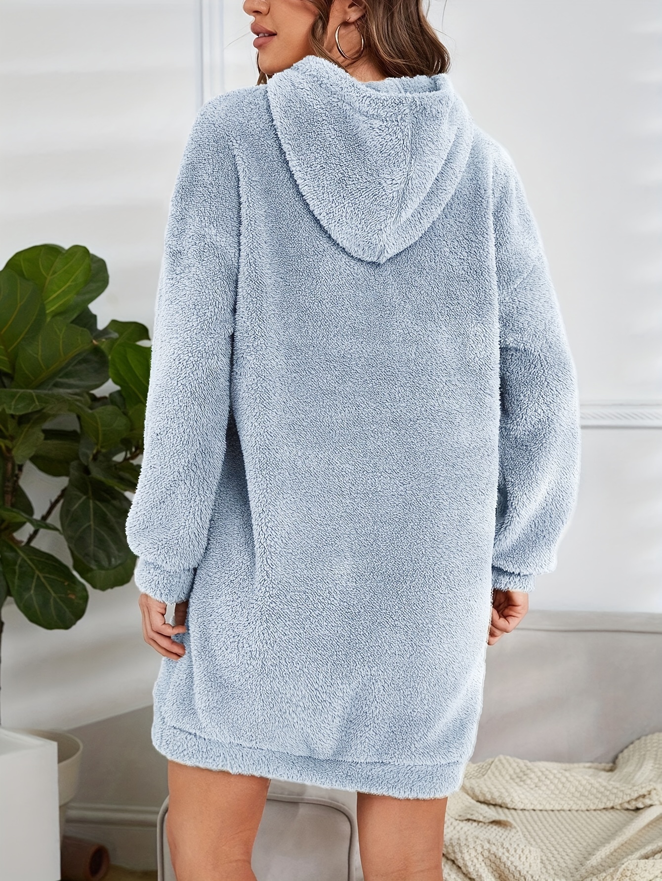 hooded teddy dress, hooded teddy dress casual long sleeve simple warm dress womens clothing details 24