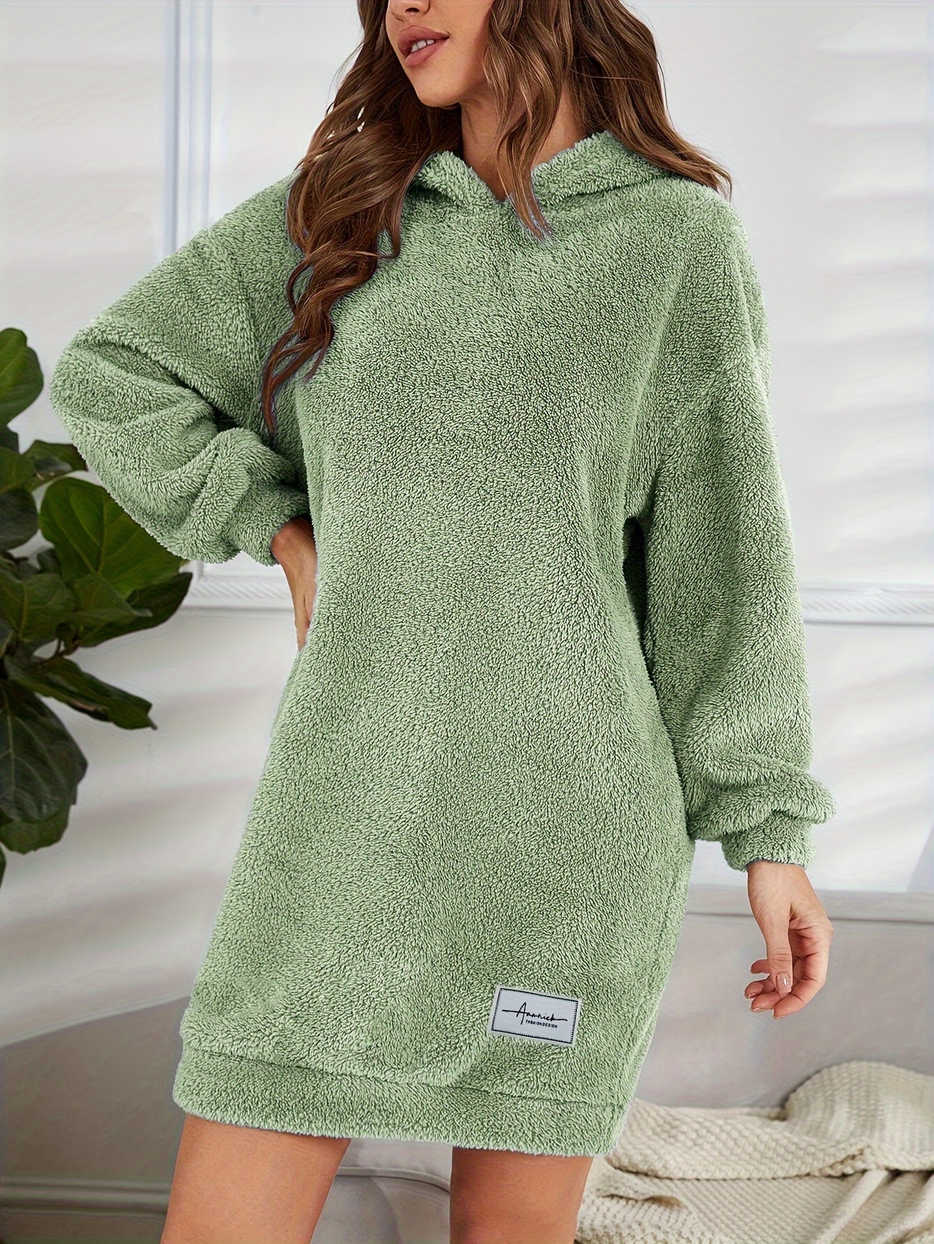 hooded teddy dress, hooded teddy dress casual long sleeve simple warm dress womens clothing details 27