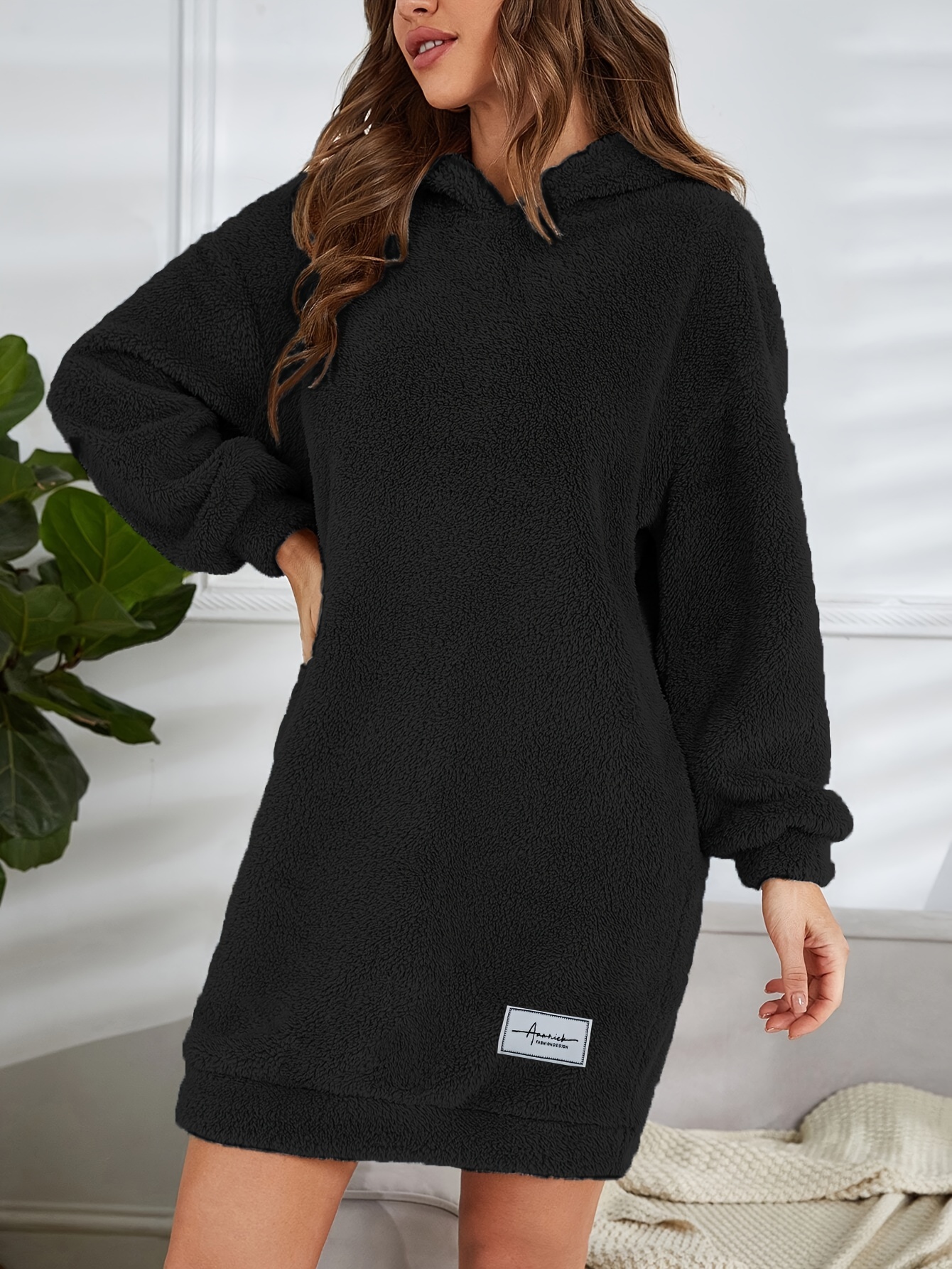 hooded teddy dress, hooded teddy dress casual long sleeve simple warm dress womens clothing details 42