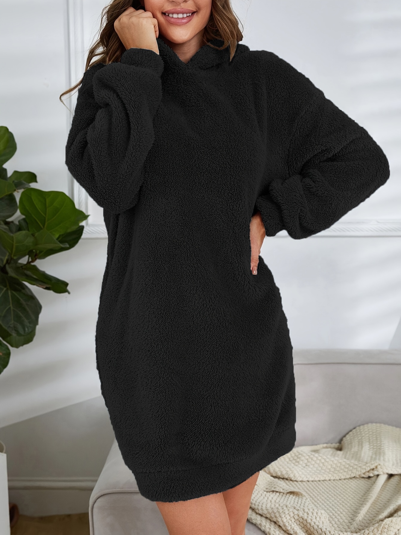 hooded teddy dress, hooded teddy dress casual long sleeve simple warm dress womens clothing details 43