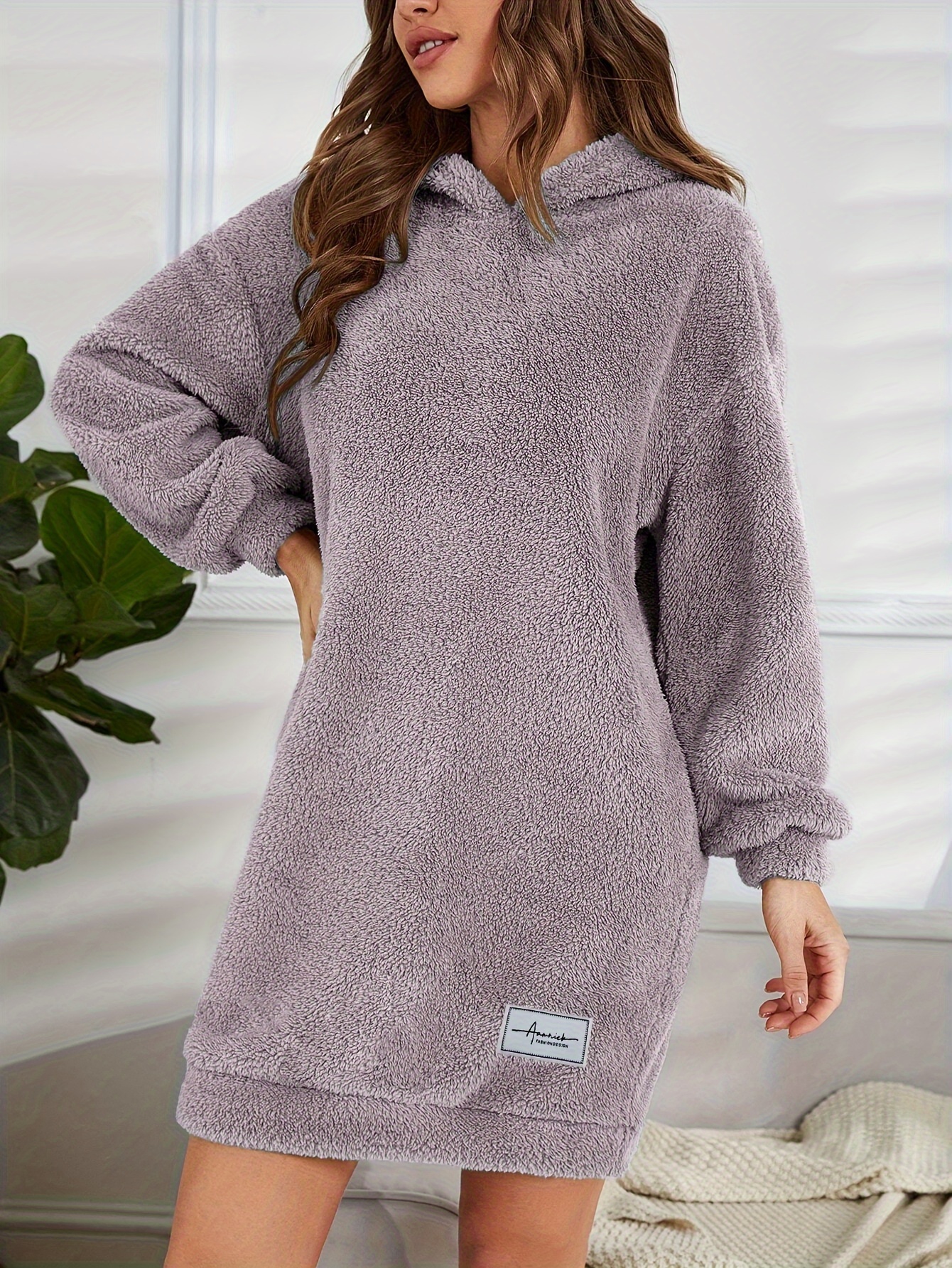 hooded teddy dress, hooded teddy dress casual long sleeve simple warm dress womens clothing details 48