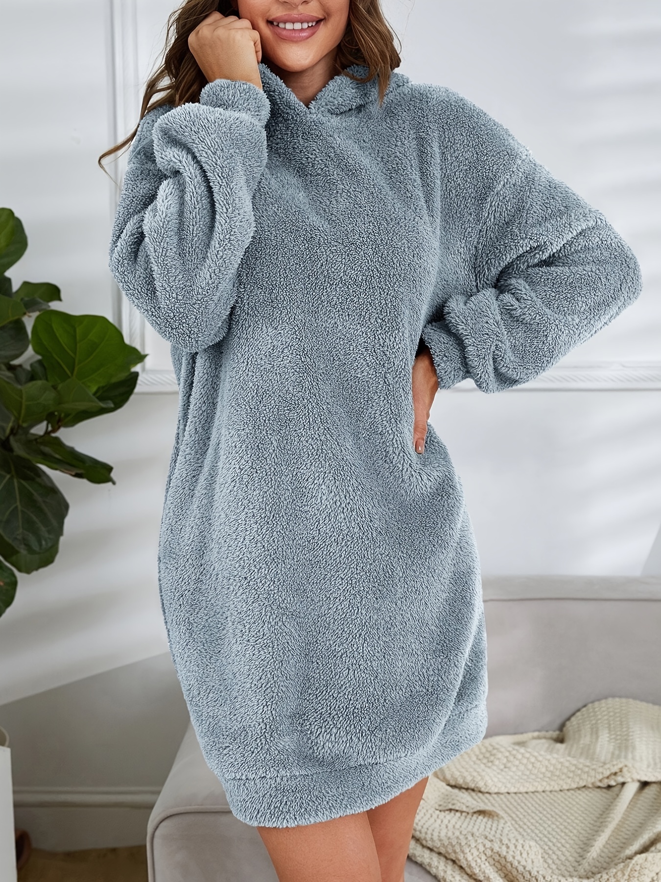 hooded teddy dress, hooded teddy dress casual long sleeve simple warm dress womens clothing details 50