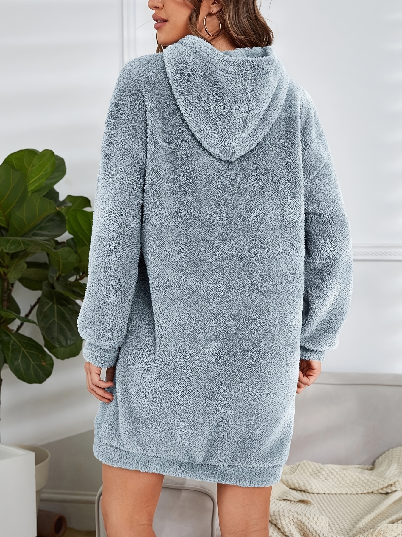 hooded teddy dress, hooded teddy dress casual long sleeve simple warm dress womens clothing details 54