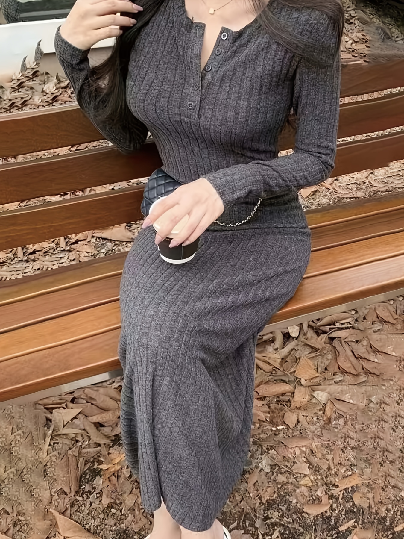 ribbed v neck dress, ribbed v neck dress casual long sleeve dress for fall winter womens clothing details 3