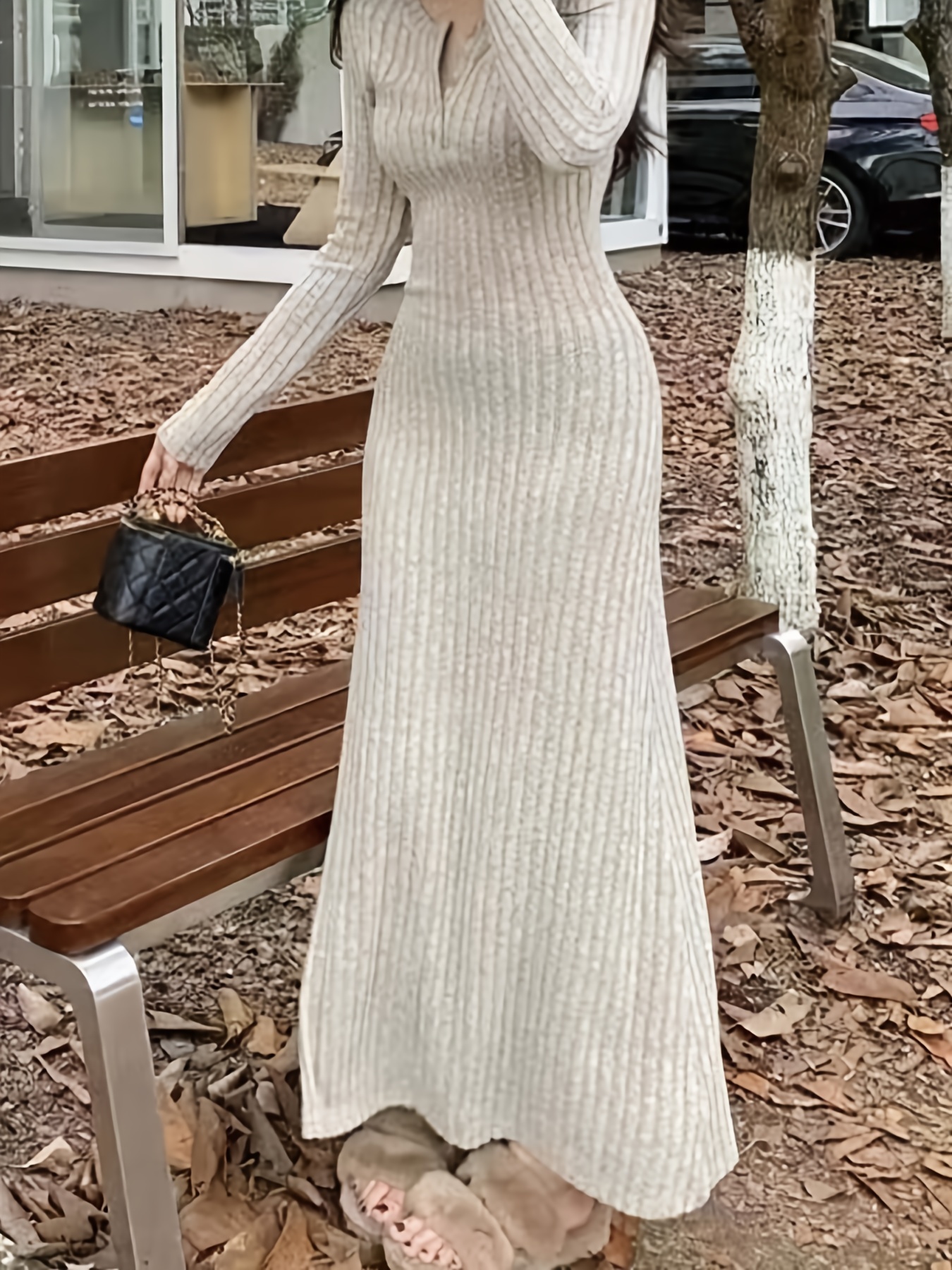 ribbed v neck dress, ribbed v neck dress casual long sleeve dress for fall winter womens clothing details 8