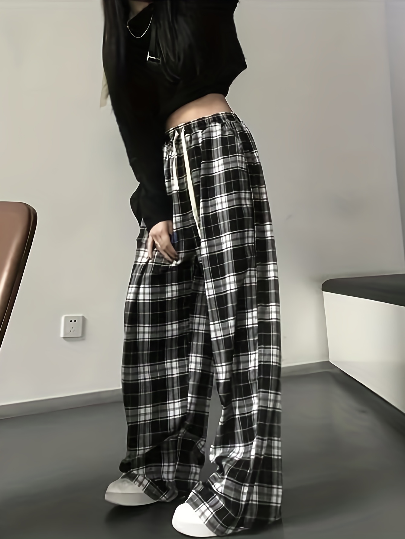 plaid drawstring straight leg pants casual loose pants for spring fall womens clothing details 1