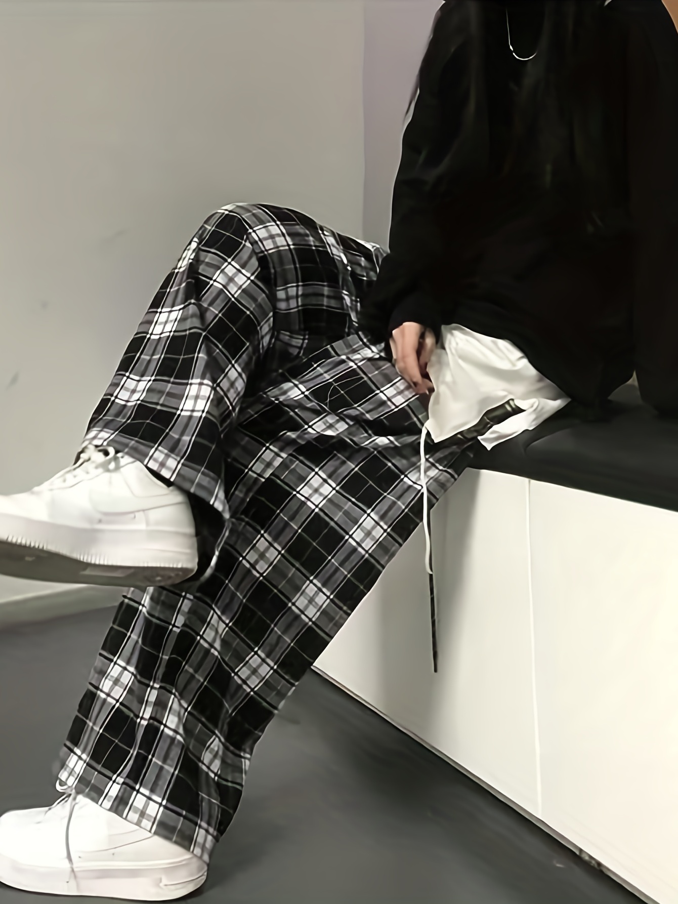 plaid drawstring straight leg pants casual loose pants for spring fall womens clothing details 2