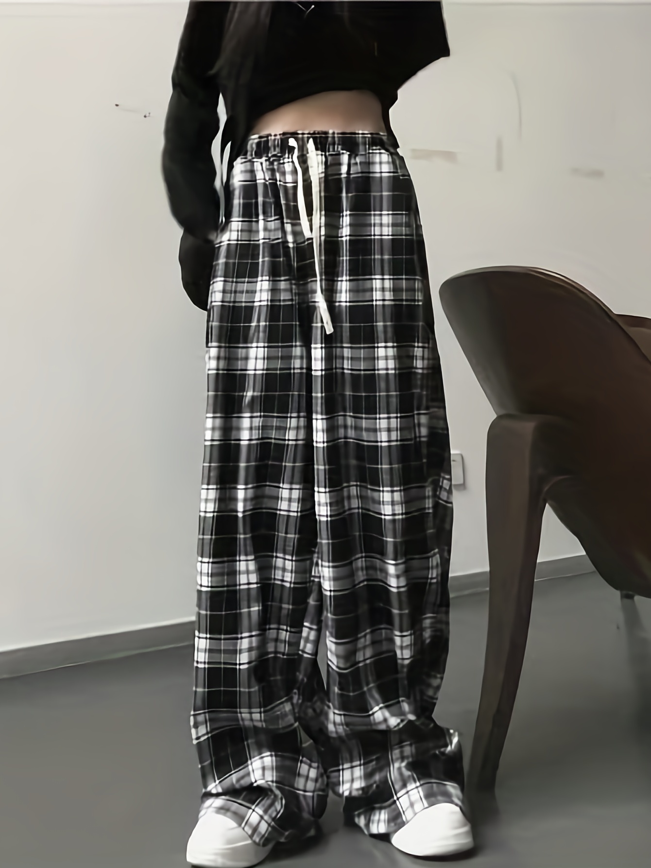 plaid drawstring straight leg pants casual loose pants for spring fall womens clothing details 3