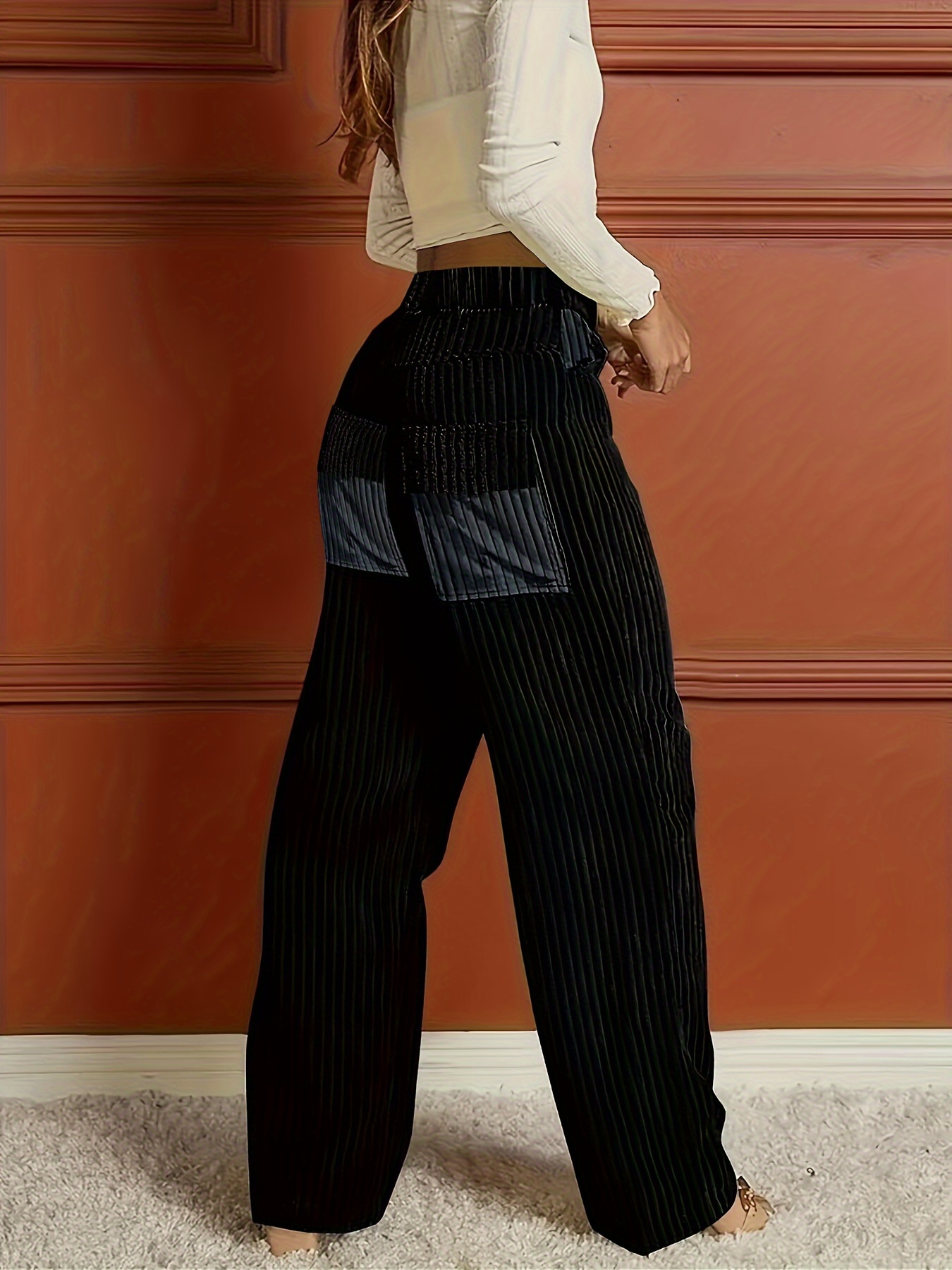 ribbed button front wide leg pants casual high waist pants womens clothing details 1