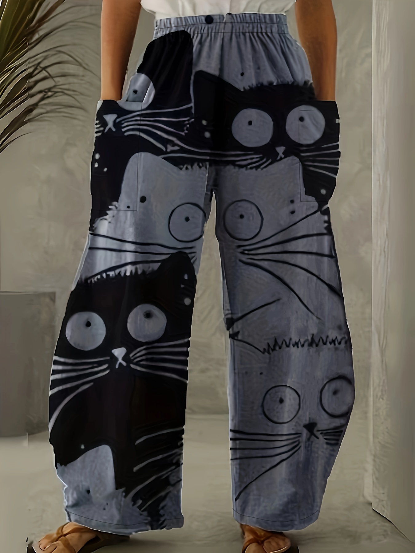 graffiti print wide leg pants casual elastic waist summer pants with pockets womens clothing details 1