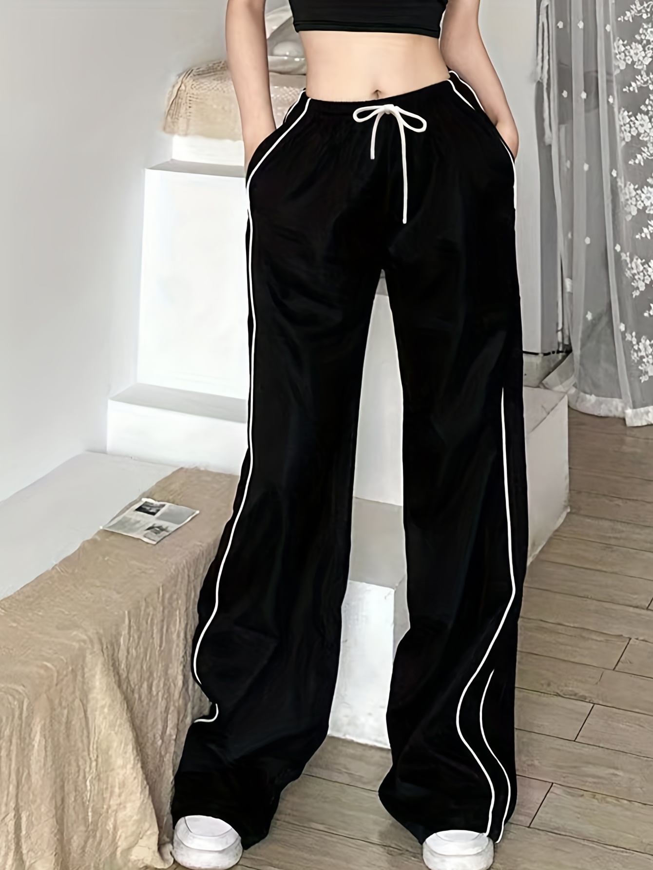 contrast binding drawstring waist pants y2k slant pocket baggy pants womens clothing details 1