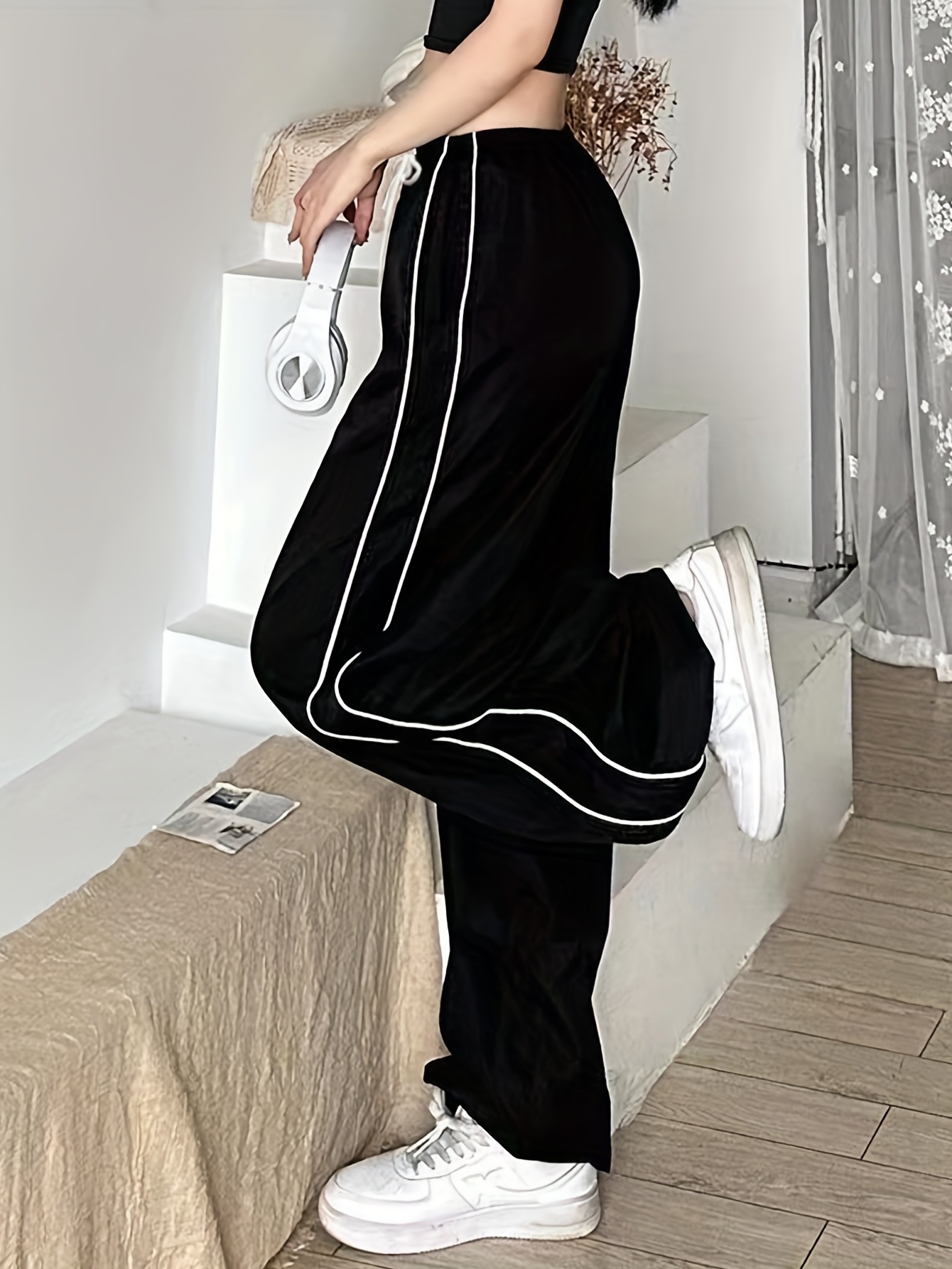 contrast binding drawstring waist pants y2k slant pocket baggy pants womens clothing details 2