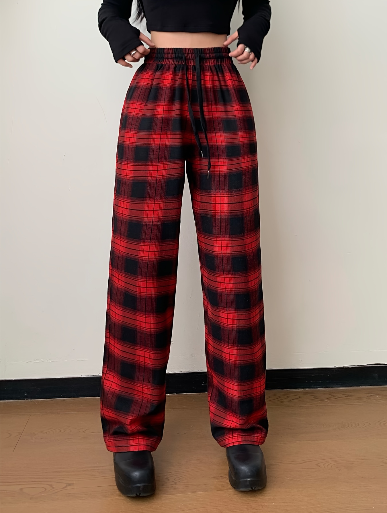 plaid print straight leg pants casual drawstring waist comfy pants womens clothing details 0