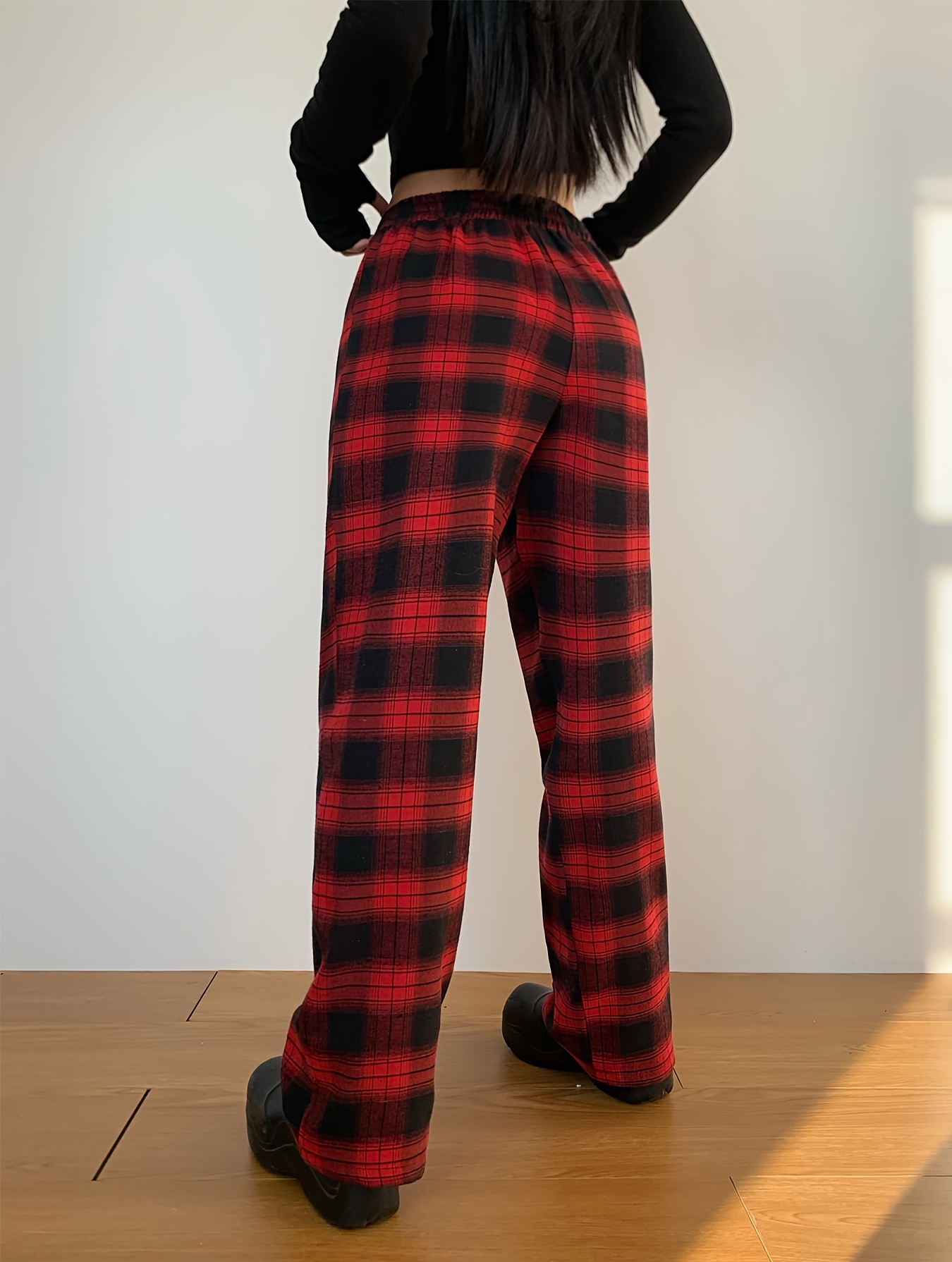 plaid print straight leg pants casual drawstring waist comfy pants womens clothing details 1